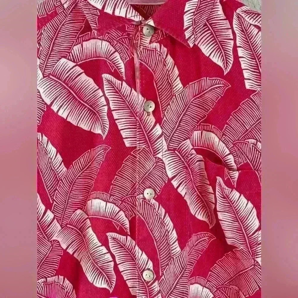 Tommy Bahama Grand Fronde Short Sleeve Silk Blend Button Up Shirt Pink Plume Sma - Picture 3 of 11